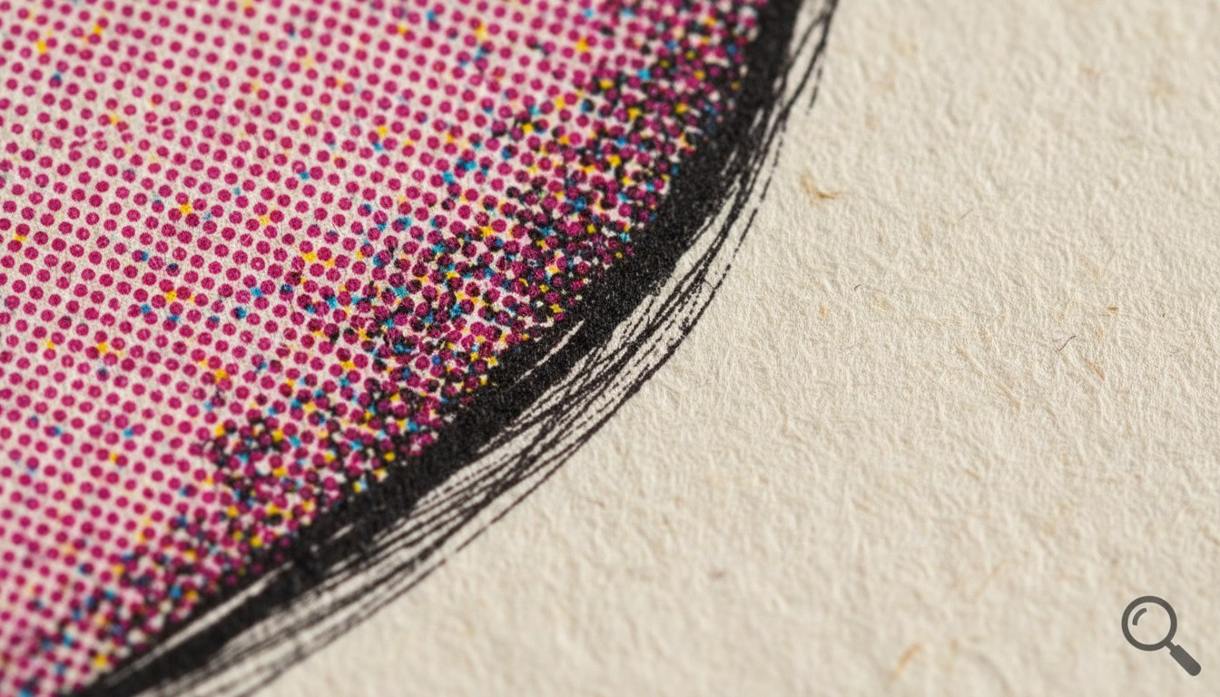 Giclée baskı yakın çekim — kağıt dokusu ve mürekkep detayı